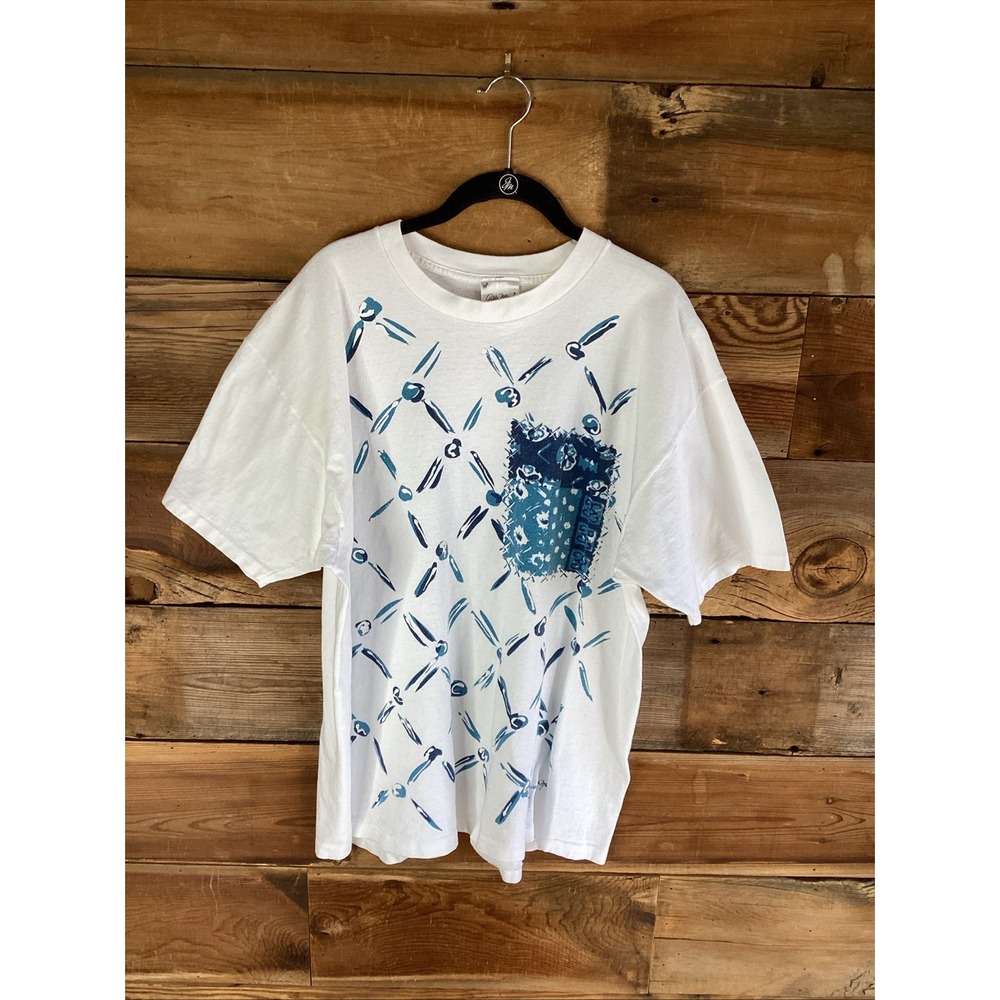 Vtg Gilda Marx Art T Shirt XL 29"x24" White/ Blue Bandana Print Single Stitch